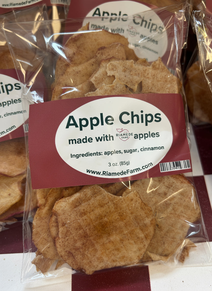 Packaged apple chips with a visible label on a white background